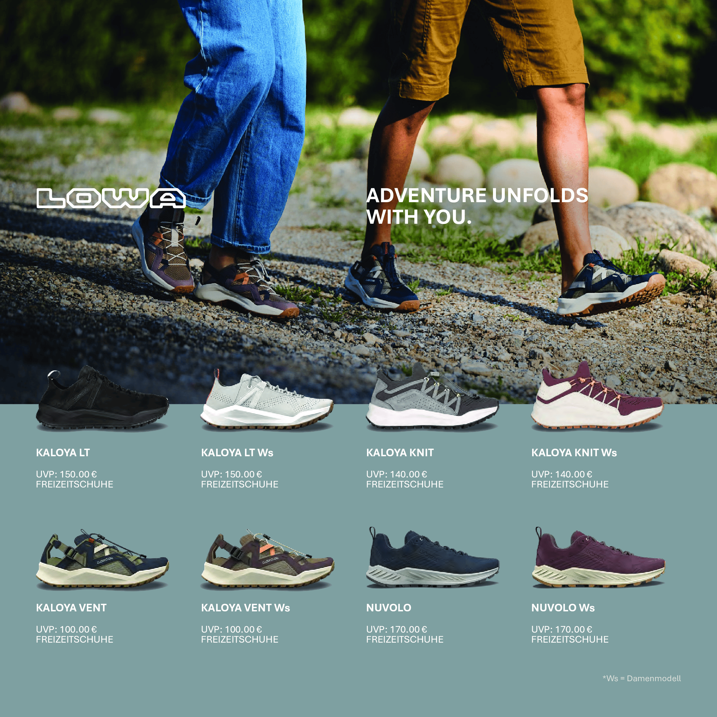 LOWA Freizeitschuhe Modelle KALOYA LT, KALOYA LT Ws, KALOYA KNIT, KALOYA KNIT Ws, KALOYA VENT, KALOYA VENT Ws, NUVOLO und NUVOLO Ws im Vergleich auf Flyer