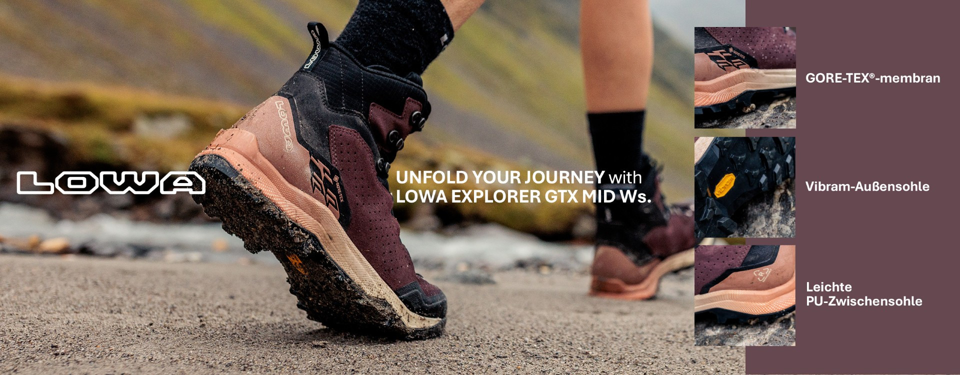 Detailaufnahme eines Wanderschuhs LOWA Explorer GTX MID Ws beim Outdoor-Einsatz in der Natur