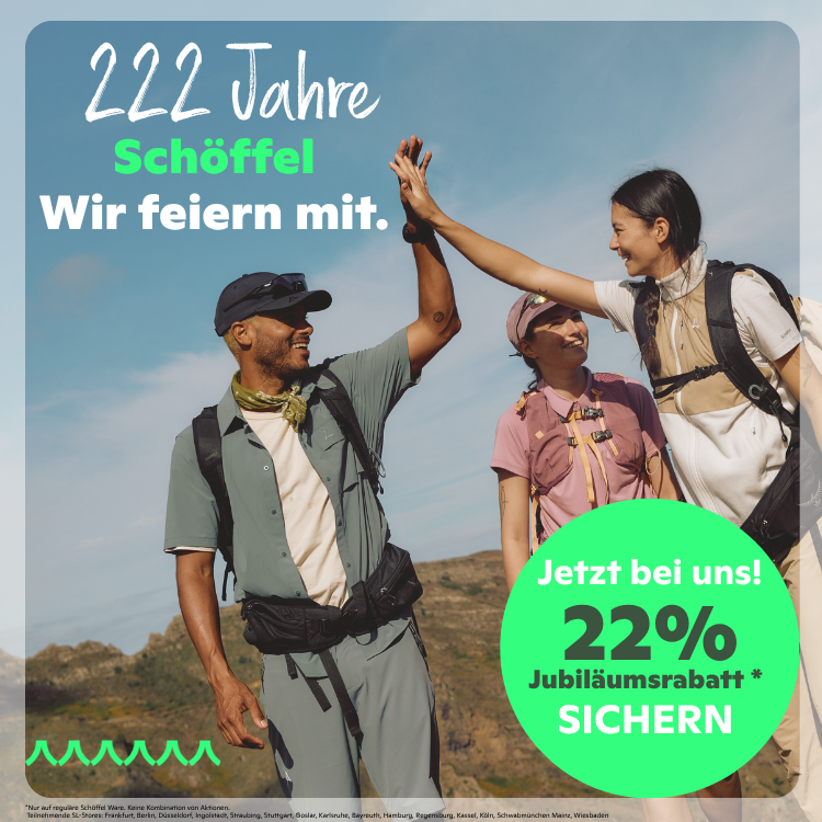 Schöffel Jubiläum 222 Jahre – Wanderer im Karwendelgebirge feiern mit 22% Rabattaktion