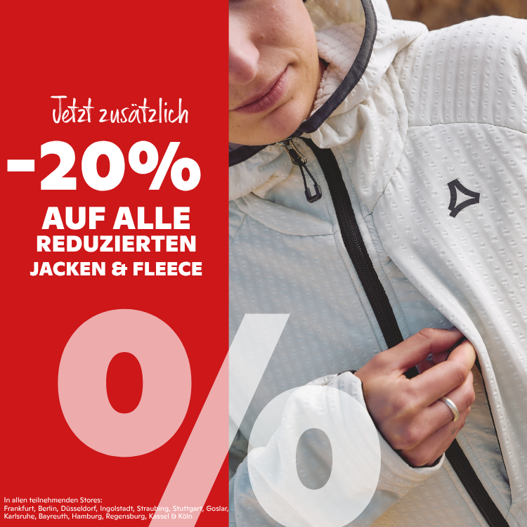 Slider Mobil Sale: 20% Rabatt auf alle reduzierten Jacken und Fleece, Aktionsangebot in teilnehmenden Stores