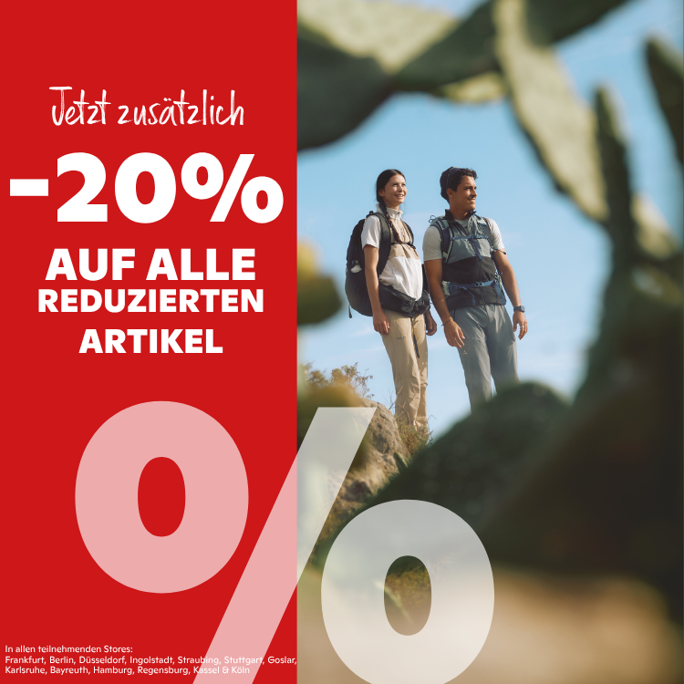 Slider Mobil Sale: 20% Rabatt auf alle reduzierten Artikel, Outdoor-Werbung mit zwei Wanderern