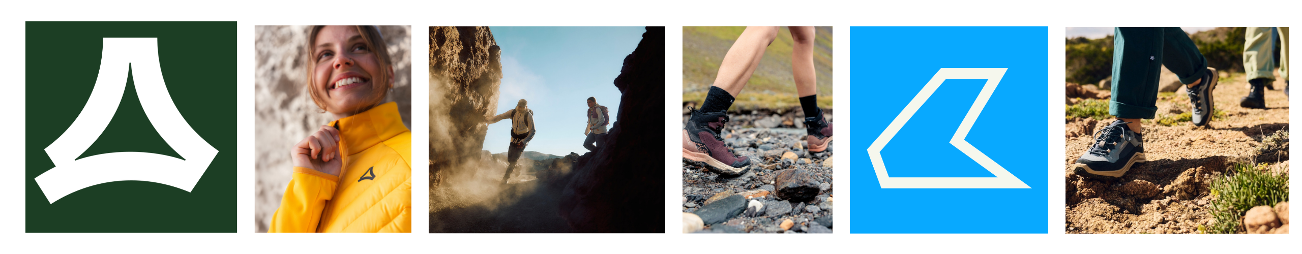 Collage auf der Startseite mit Outdoor-Aktivitäten und PC-Marken, Wanderer in der Natur und Detailaufnahme eines Wanderschuhs
