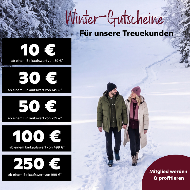 Winter-Gutscheine für Treuekunden – verschiedene Gutscheinbeträge ab gestaffeltem Einkaufswert, Paar beim Winterspaziergang im Schnee