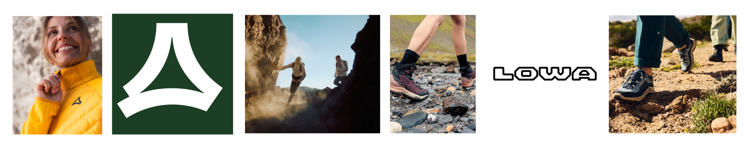 Collage mit Outdoor-Aktivitäten und Wanderschuhen, Startseite PC Marken