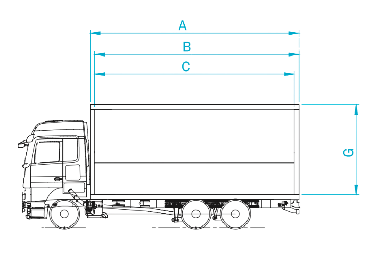 Technische Zeichnung eines Wingotruck OpenTop Lkw mit Maßangaben der Produktabmessungen