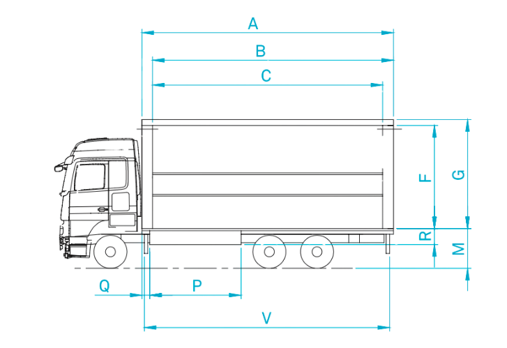 Technische Zeichnung eines Wingotruck Sideloader Produkts mit Maßangaben
