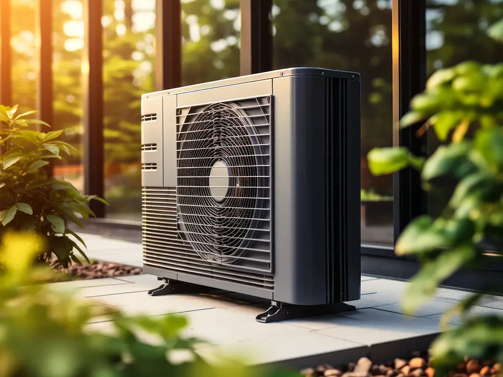 Moderne Wärmepumpe im Garten vor einem Haus bei Sonnenuntergang