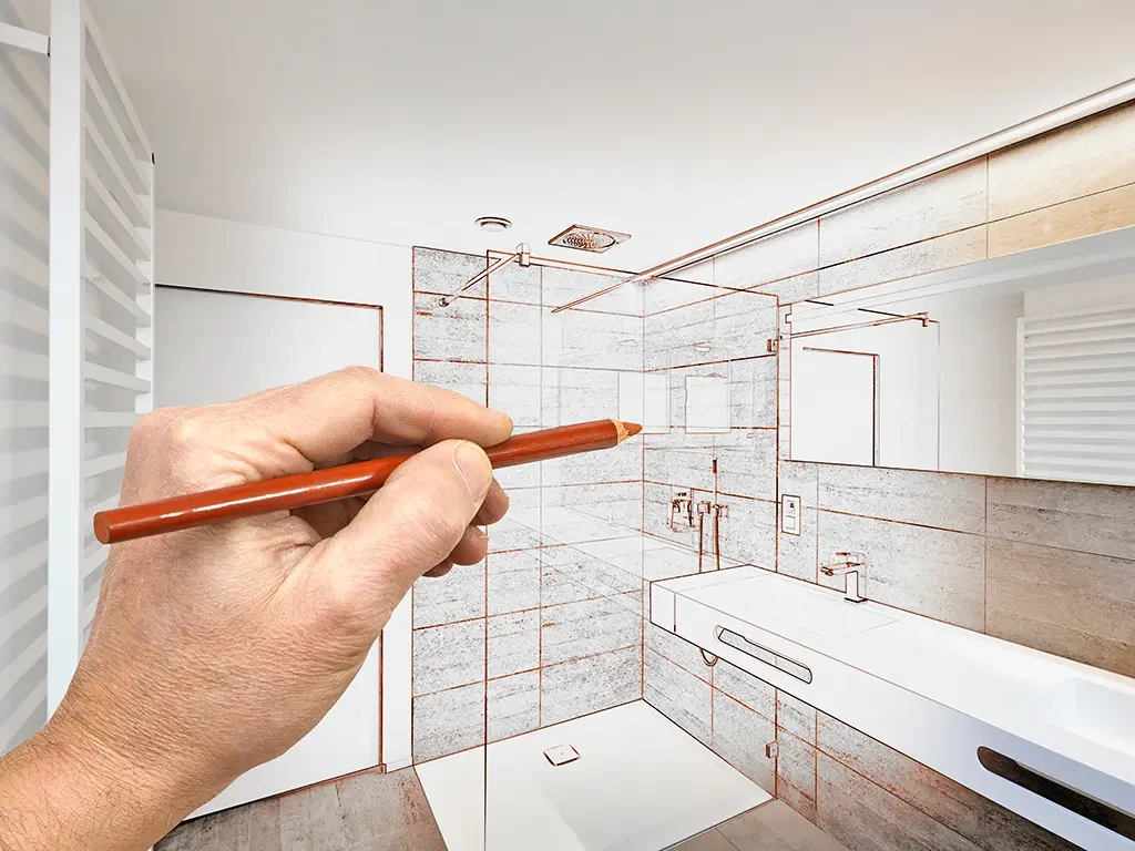 Hand zeichnet mit Bleistift ein modernes Bad-Design auf Skizze