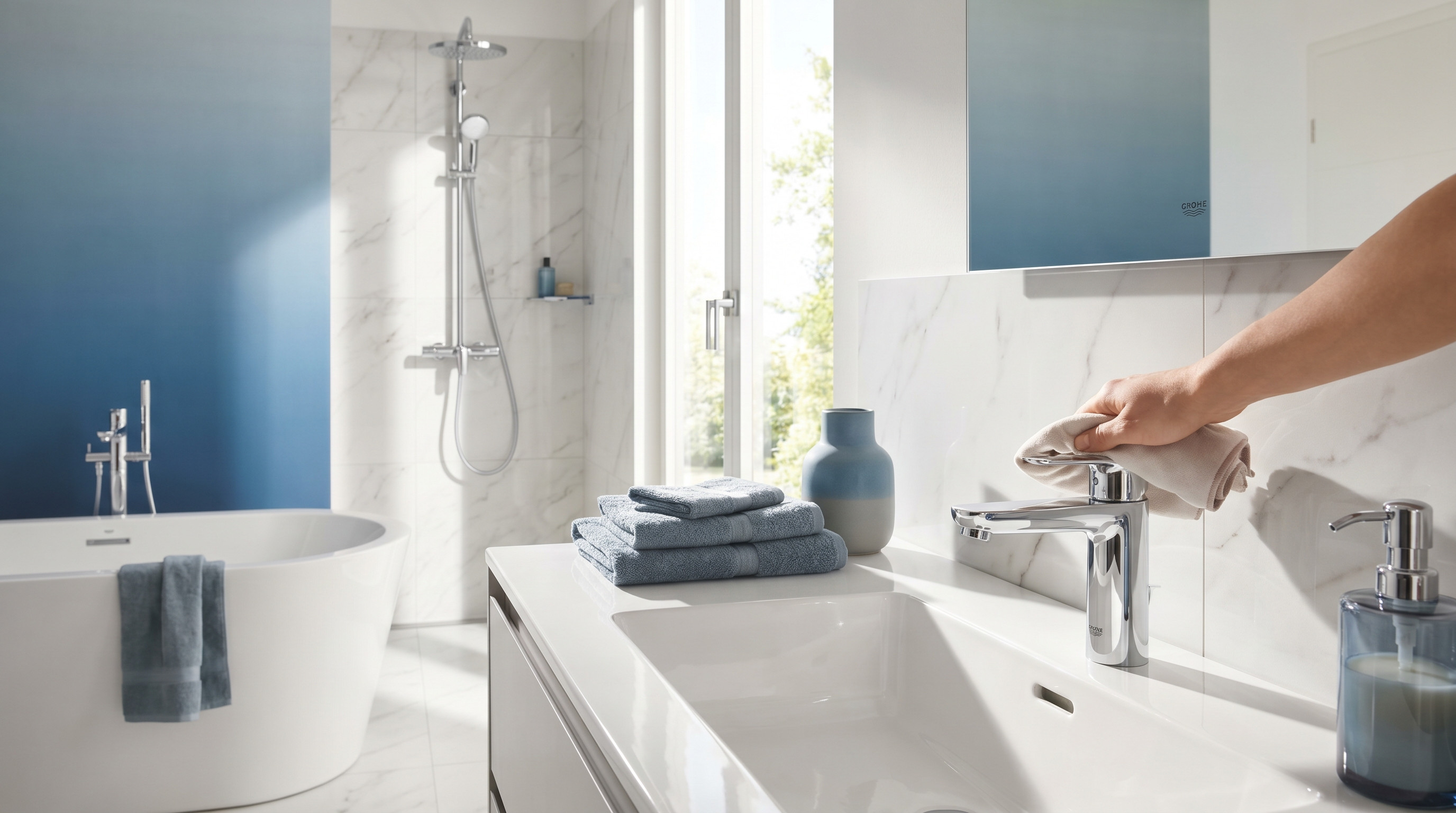 Modernes Badezimmer mit Waschbecken, Wasserhahn, gefalteten Handtüchern und Dusche im Hintergrund