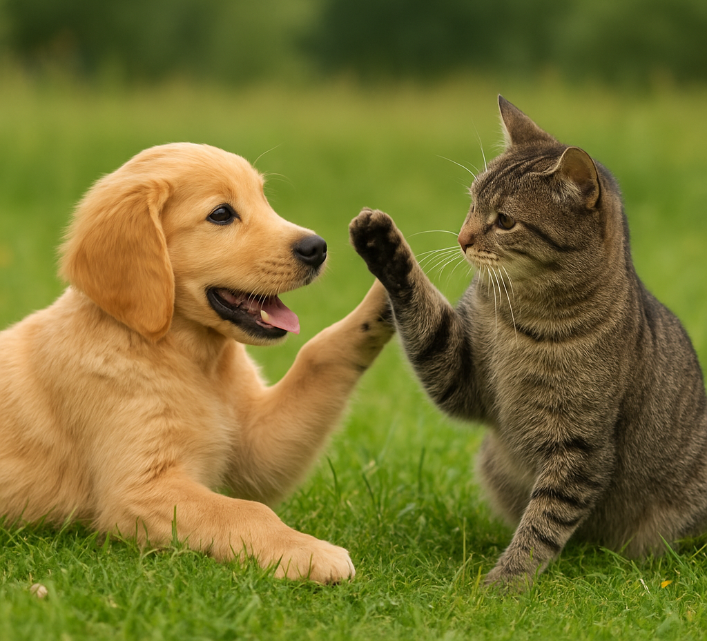 Farmperfekt EMIKO EM für unsere Lieblinge – Hund und Katze spielen gemeinsam auf einer Wiese