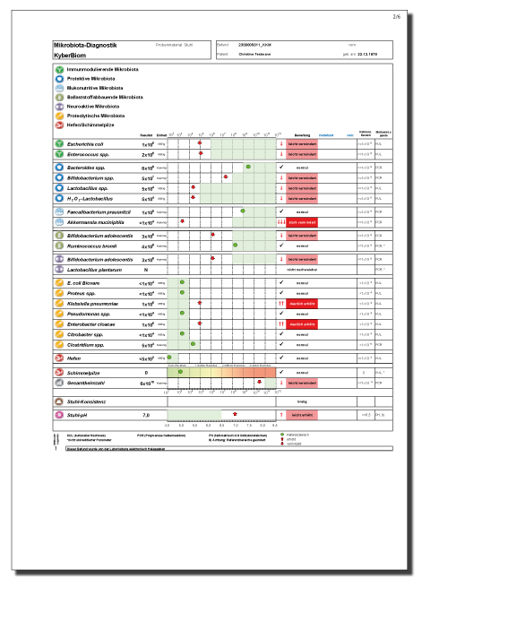 Detaildarstellung einer mikrobiologischen Analyse mit verschiedenen Bakterienarten, Messergebnissen und Bewertungen