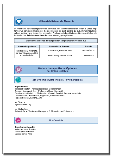 Tabelle und Empfehlungen zu milieustabilisierenden Probiotika und weiteren Therapieoptionen bei Reizdarmbeschwerden, inklusive phytotherapeutischer und homöopathischer Ansätze.