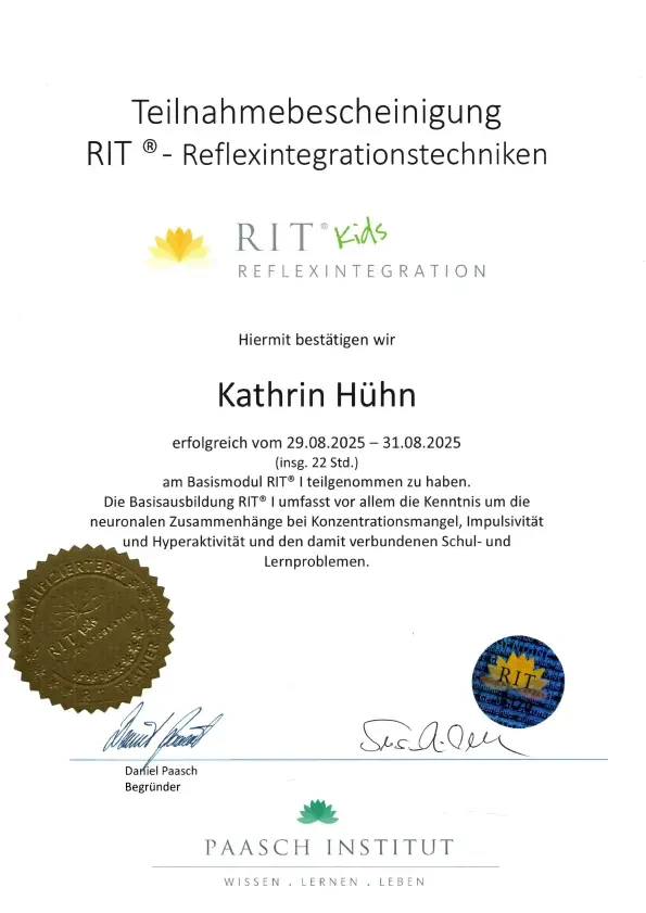 Zertifikat RIT® Reflexintegrationstechniken für Kathrin Hühn als Trainerin, ausgestellt von RIT Kids