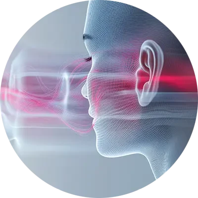 Abstrakte Darstellung des Hörens und Wahrnehmens mit Schallwellen am Ohr eines Menschen