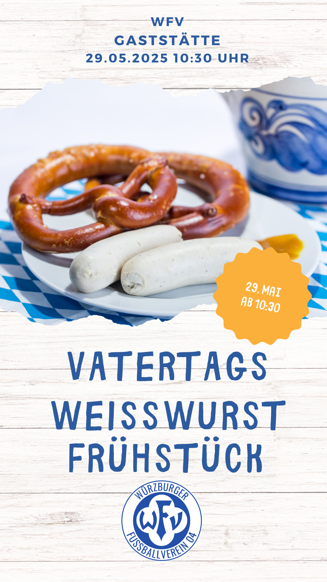 Vatertags Weißwurst Frühstück mit Brezel auf bayerischem Hintergrund