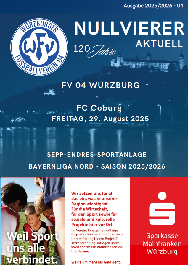 Ankündigung zum Fußballspiel FV 04 Würzburg gegen FC Coburg am 29. August 2025 in der Sepp-Endres-Sportanlage, Bayernliga Nord Saison 2025/2026