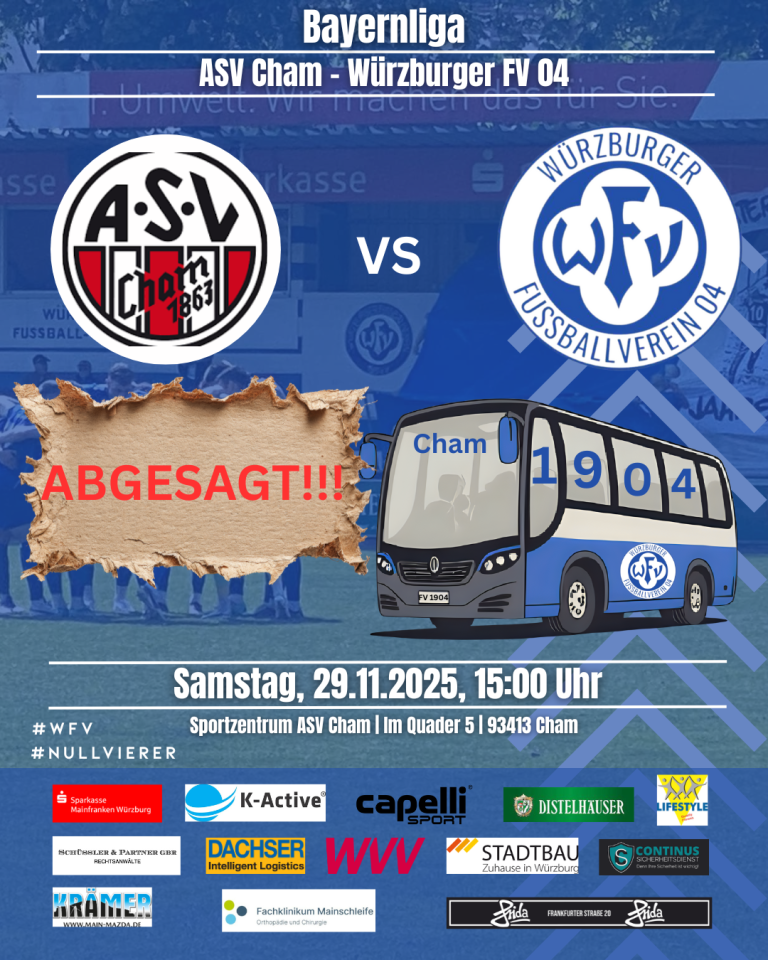 Abgesagte Auswärtsfahrt des Würzburger FV zum ASV Cham am 29.11.2025, Hinweis auf Spielabsage und Busgrafik