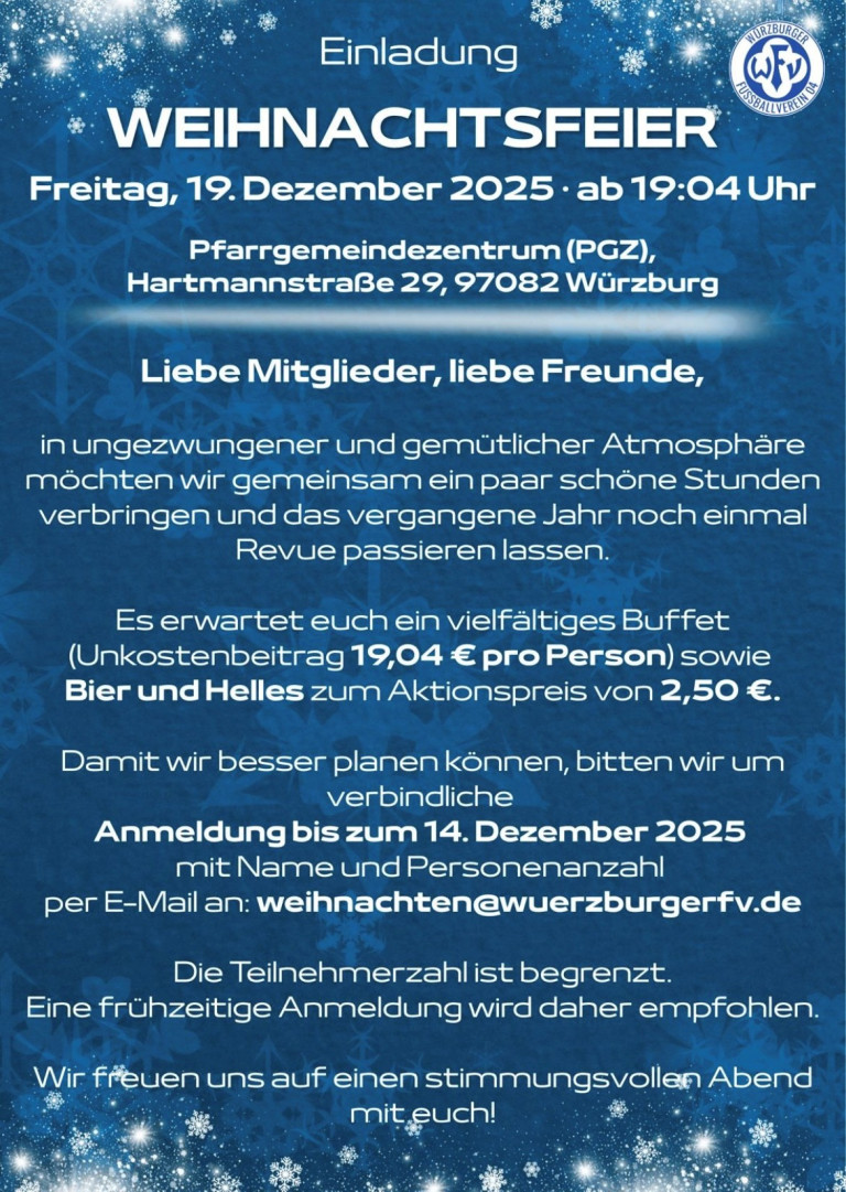 Einladung zur Weihnachtsfeier 2025 des Würzburger FV im Pfarrgemeindezentrum Würzburg, mit Buffet und Getränken, Anmeldung bis 14. Dezember.