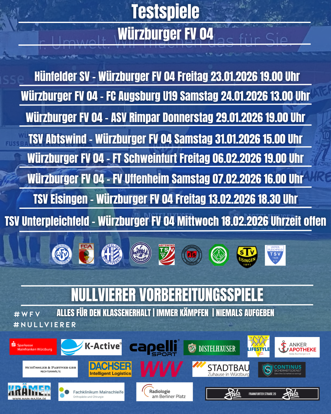 Spielplan der Würzburger FV 04 Vorbereitungsspiele 2026 mit Gegnern wie Hünfelder SV, FC Augsburg U19, ASV Rimpar, TSV Abtswind, FT Schweinfurt, FV Uffenheim, TSV Eisingen und TSV Unterpleichfeld.