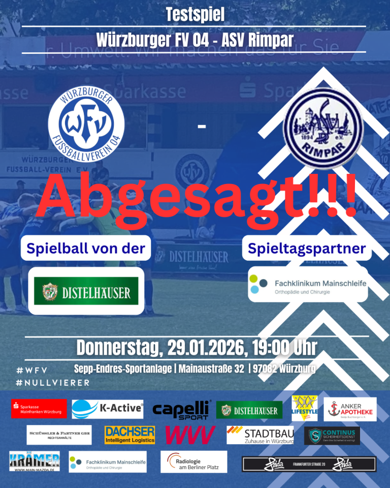 Spielabsage: Würzburger FV gegen Rimpar am 29.01.2026 in der Sepp-Endres-Sportanlage Würzburg