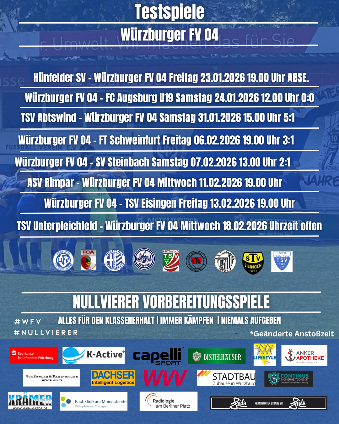 Spielplan der Vorbereitungsspiele des Würzburger FV 04 im Januar und Februar 2026 gegen Hünfelder SV, FC Augsburg U19, TSV Abtswind, FT Schweinfurt, SV Steinbach, ASV Rimpar, TSV Eisingen und TSV Unterpleichfeld.