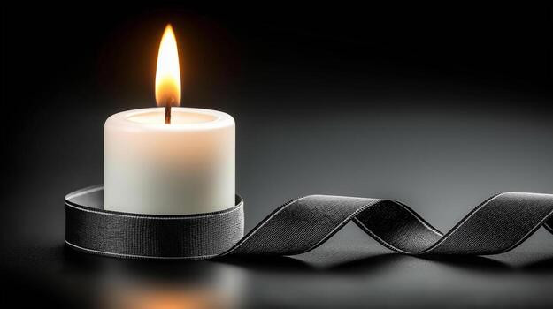 Brennende Kerze mit schwarzem Trauerband auf dunklem Hintergrund als Symbol für Kummer, Verlust, Erinnerung und Denkmalstag. Ideal für Tribute und Gedenkthemen.