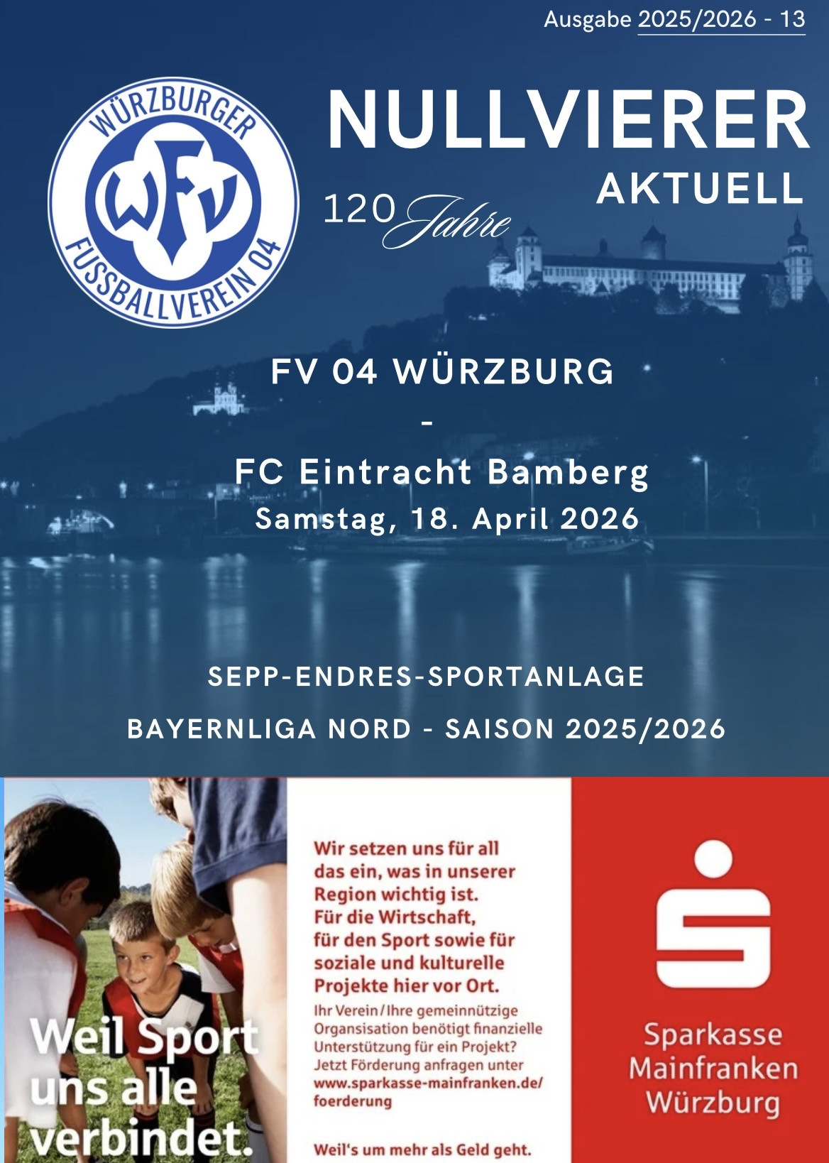 Plakat zum Spiel FV 04 Würzburg gegen FC Eintracht Bamberg am 18. April 2026 in der Sepp-Endres-Sportanlage, Bayernliga Nord Saison 2025/2026, mit Sponsoren und Festung Marienberg im Hintergrund.