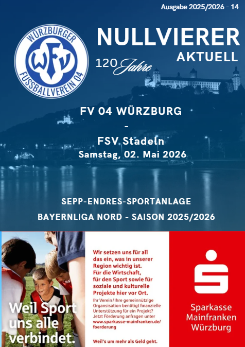 Titelbild des Stadionhefts FV 04 Würzburg gegen FSV Stadeln am 2. Mai 2026 in der Bayernliga Nord, Sepp-Endres-Sportanlage