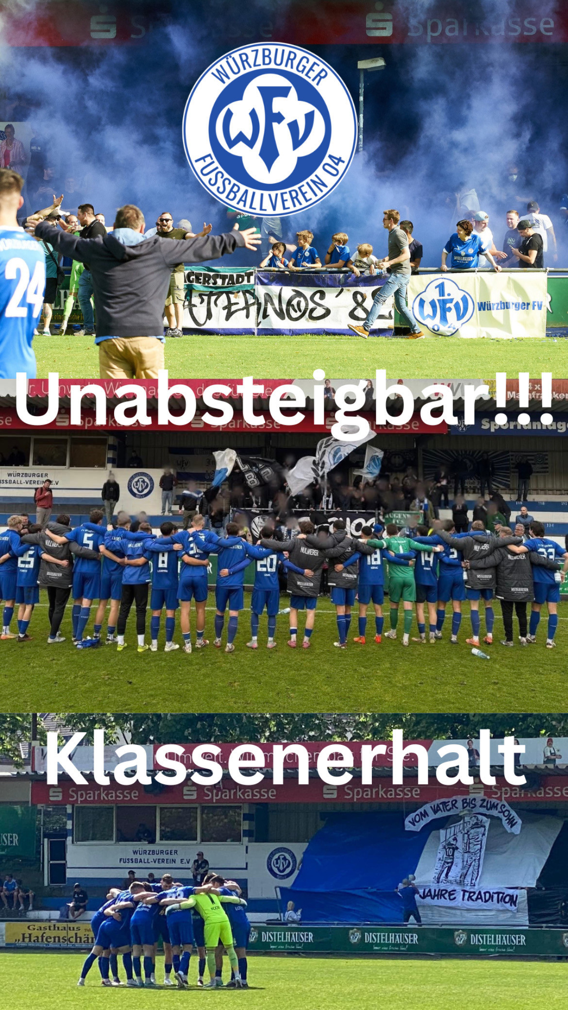 Jubelnder Würzburger FV feiert mit Fans den Klassenerhalt und Unabsteigbarkeit im Stadion