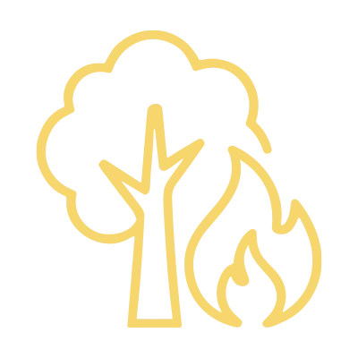 Gelbes Icon für Feuerbestattung mit Baum und Flamme