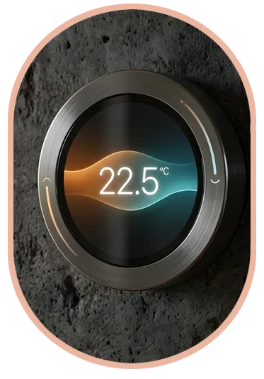 Moderner Thermostat in mittiger Position mit farbiger Anzeige, Temperatur 22,5 Grad Celsius