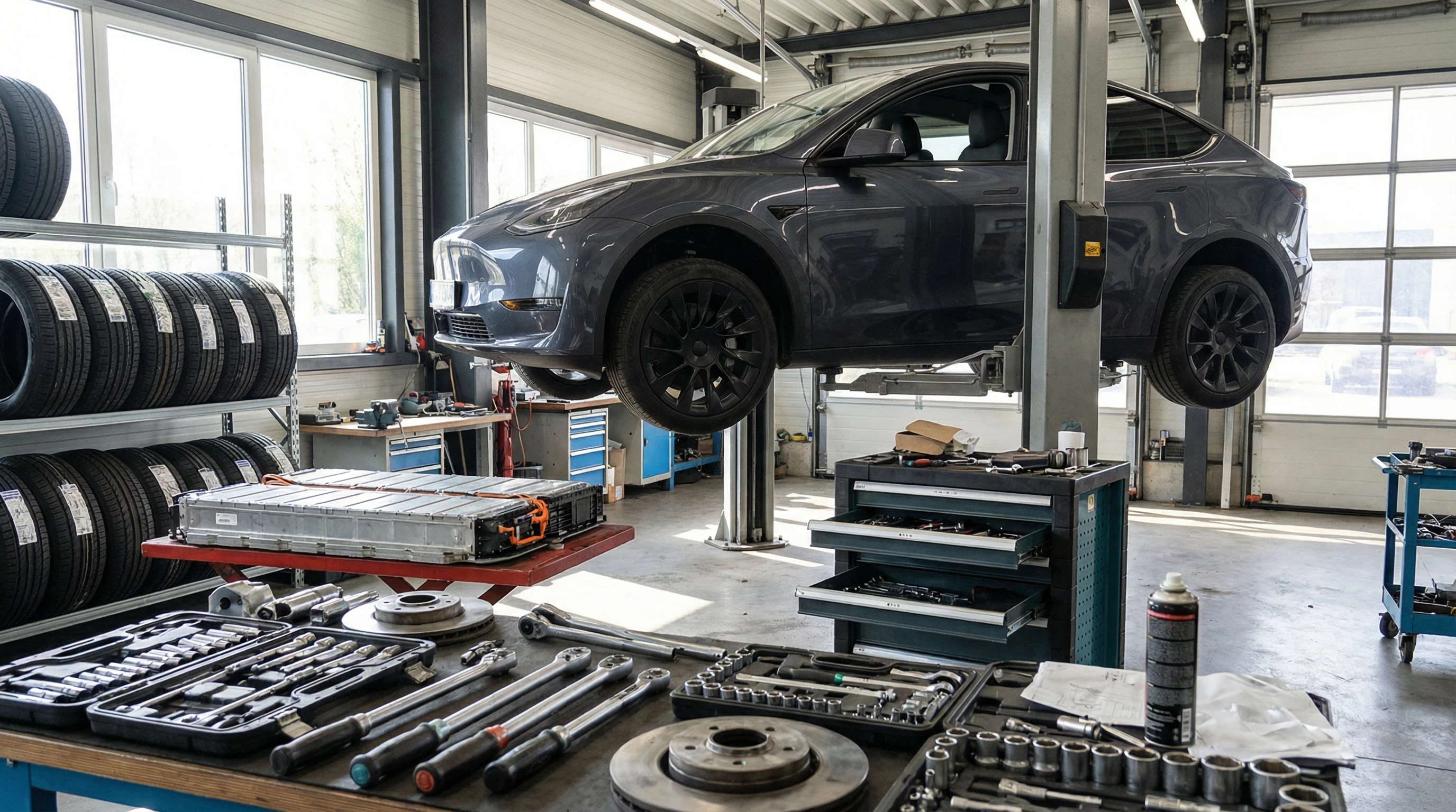 Elektroauto in Werkstatt auf Hebebühne mit Werkzeug und Ersatzteilen