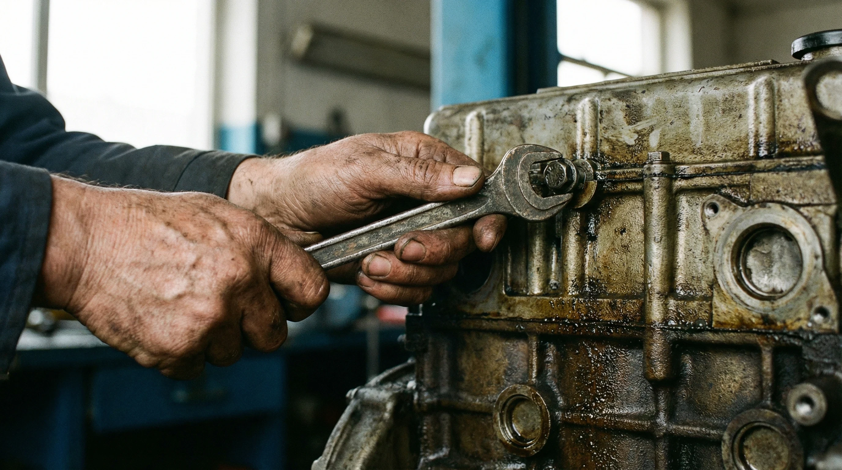 Nahaufnahme von Mechanikerhänden, die mit einem Schraubenschlüssel an einem ölverschmierten Motor arbeiten