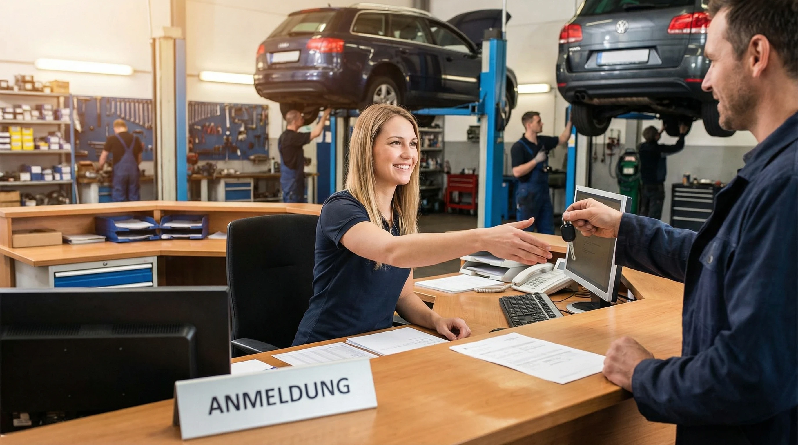 Anmeldung in einer Autowerkstatt mit Empfang und Autos auf Hebebühnen