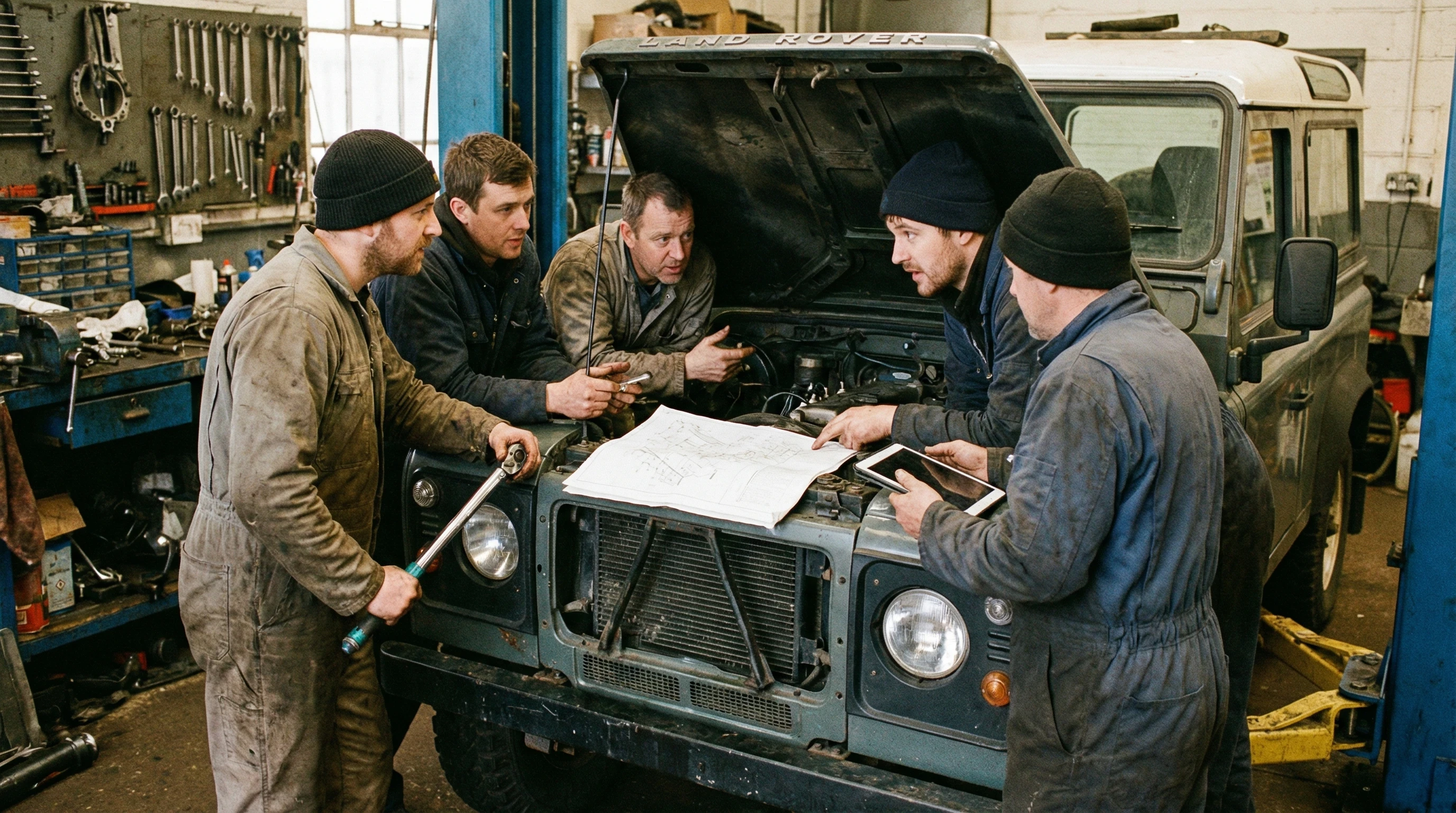 Mechaniker reparieren Land Rover und besprechen Schaltplan in Werkstatt