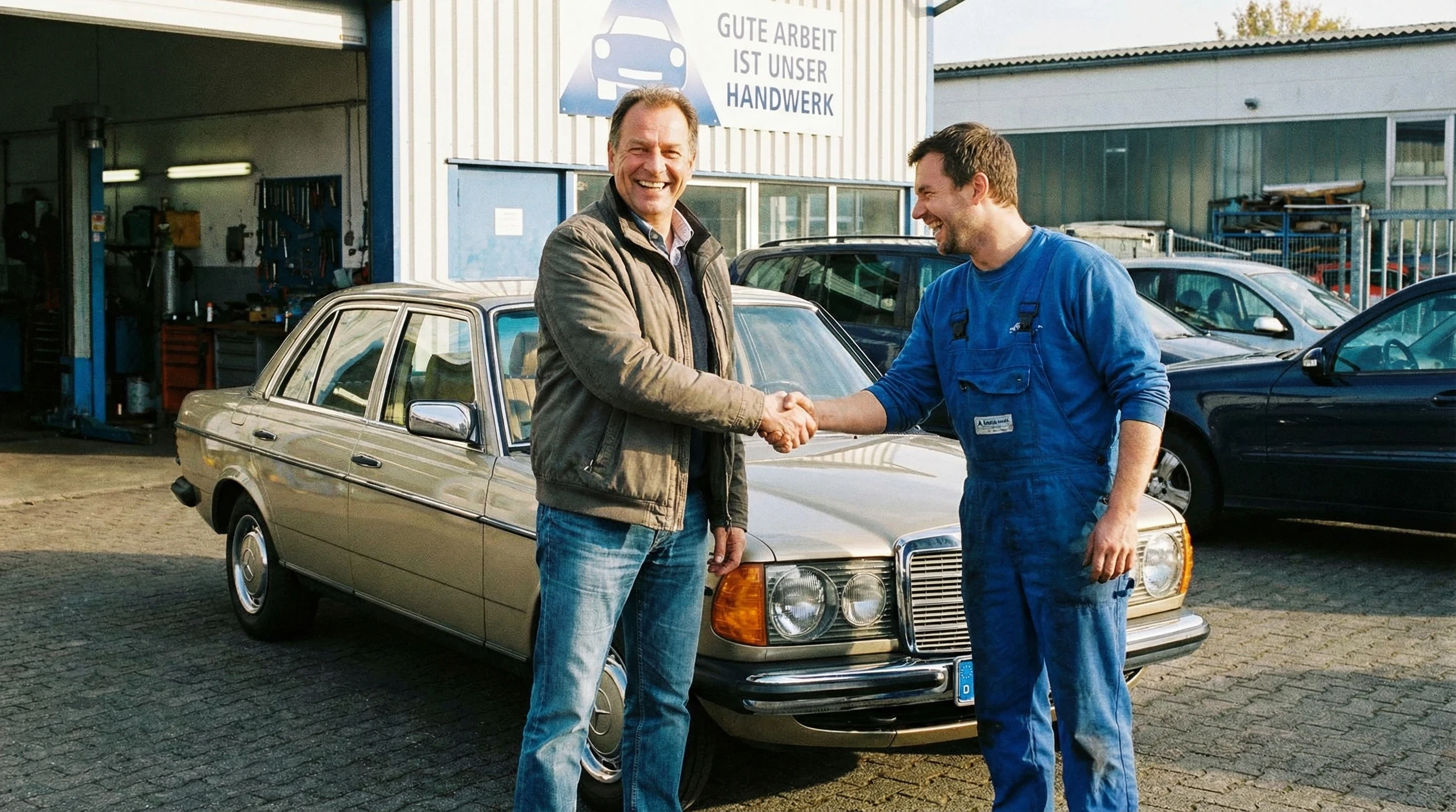 Automechaniker und Kunde geben sich vor einer Werkstatt die Hand, im Hintergrund ein Oldtimer und ein Schild mit der Aufschrift 'Gute Arbeit ist unser Handwerk'.