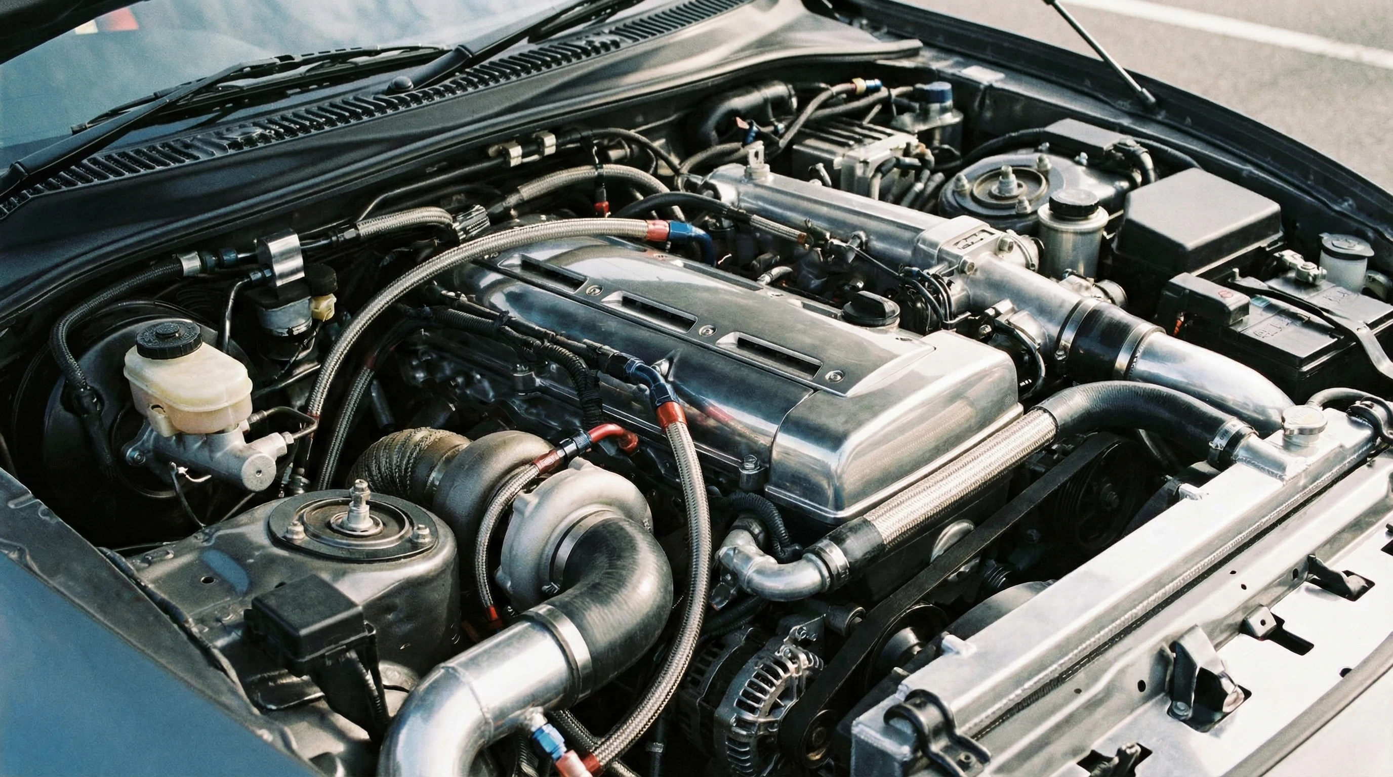 Detailaufnahme eines leistungsstarken Automotors mit sichtbarem Turbolader und Edelstahlkomponenten
