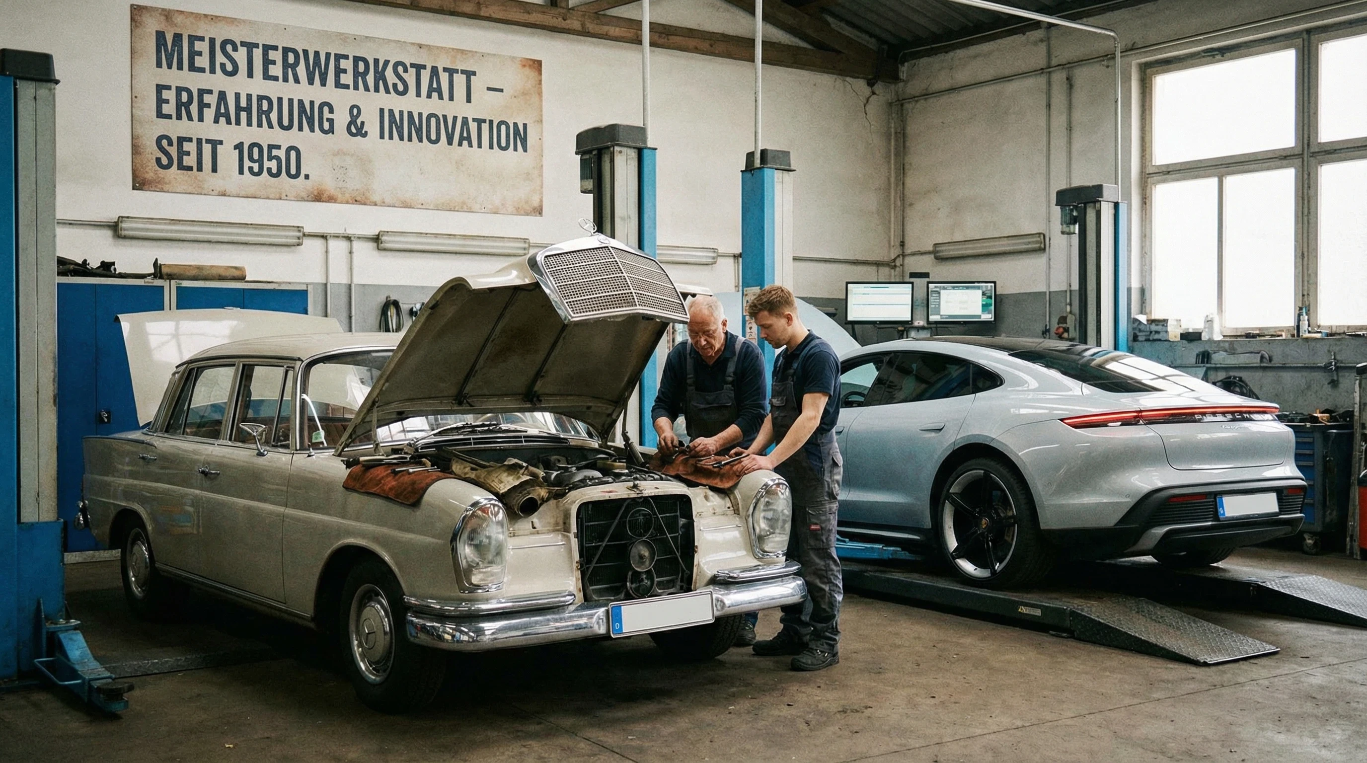 Zwei Kfz-Mechaniker arbeiten in einer modernen Werkstatt an einem Oldtimer-Mercedes mit geöffneter Motorhaube, im Hintergrund steht ein moderner Sportwagen.