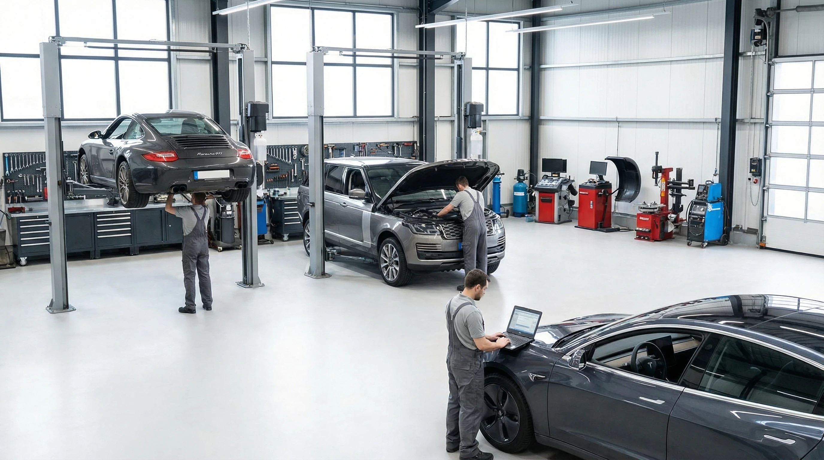 Moderne Autowerkstatt mit Mechanikern bei der Wartung von Porsche, Range Rover und Tesla Fahrzeugen