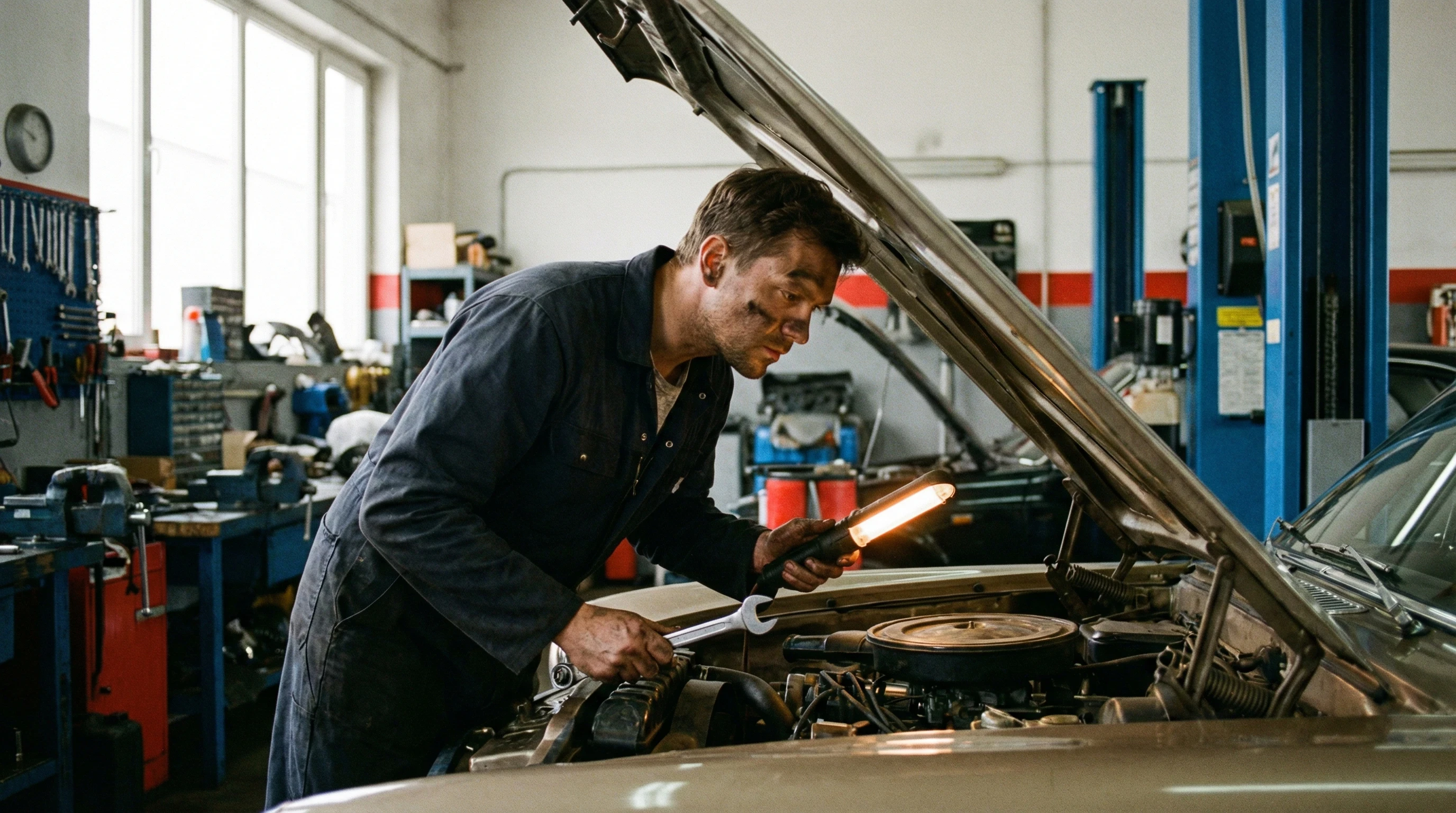 Kfz-Mechaniker bei der Autoreparatur in einer Werkstatt