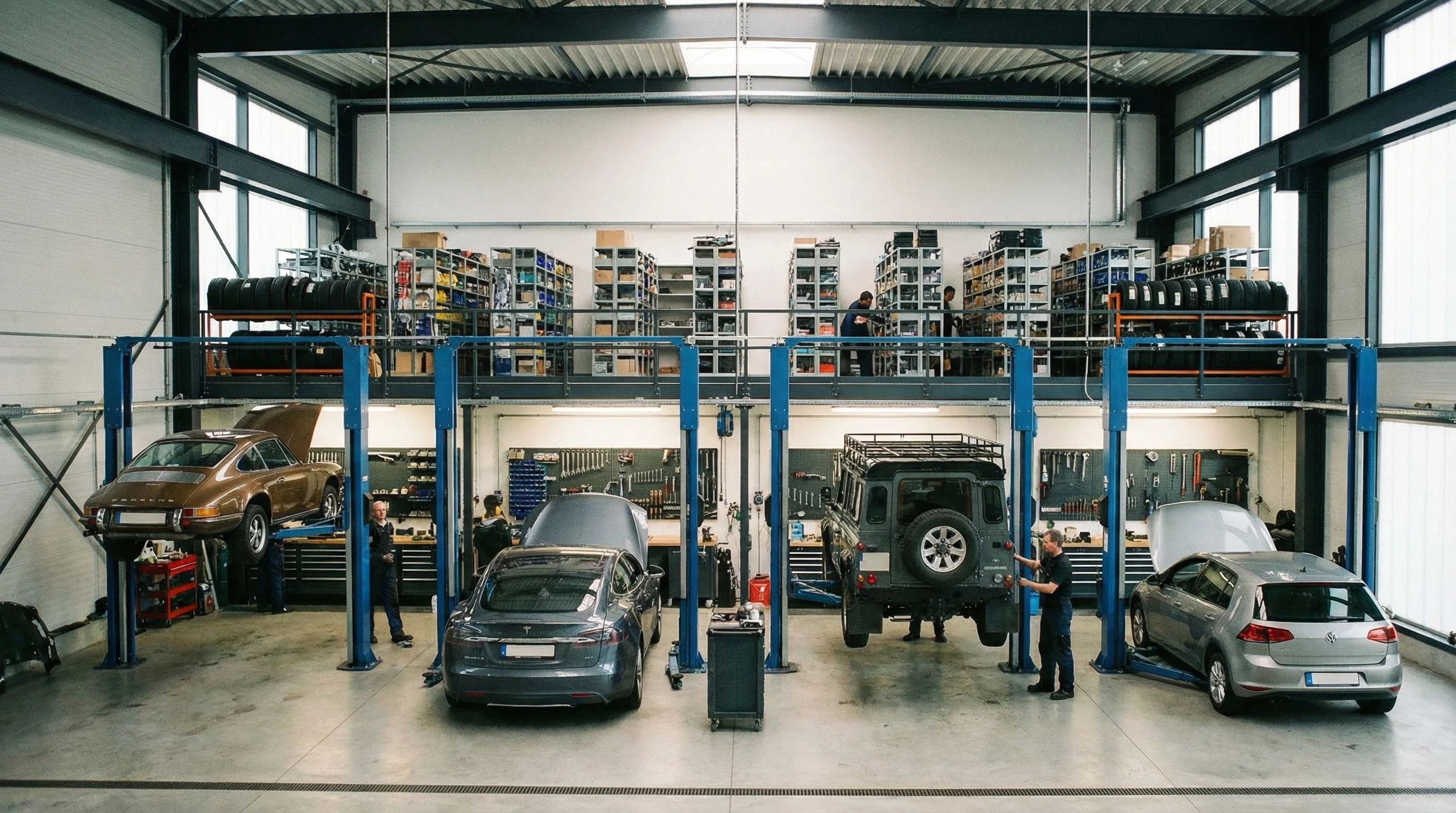 Moderne Autowerkstatt mit mehreren Fahrzeugen auf Hebebühnen und Mechanikern bei der Arbeit