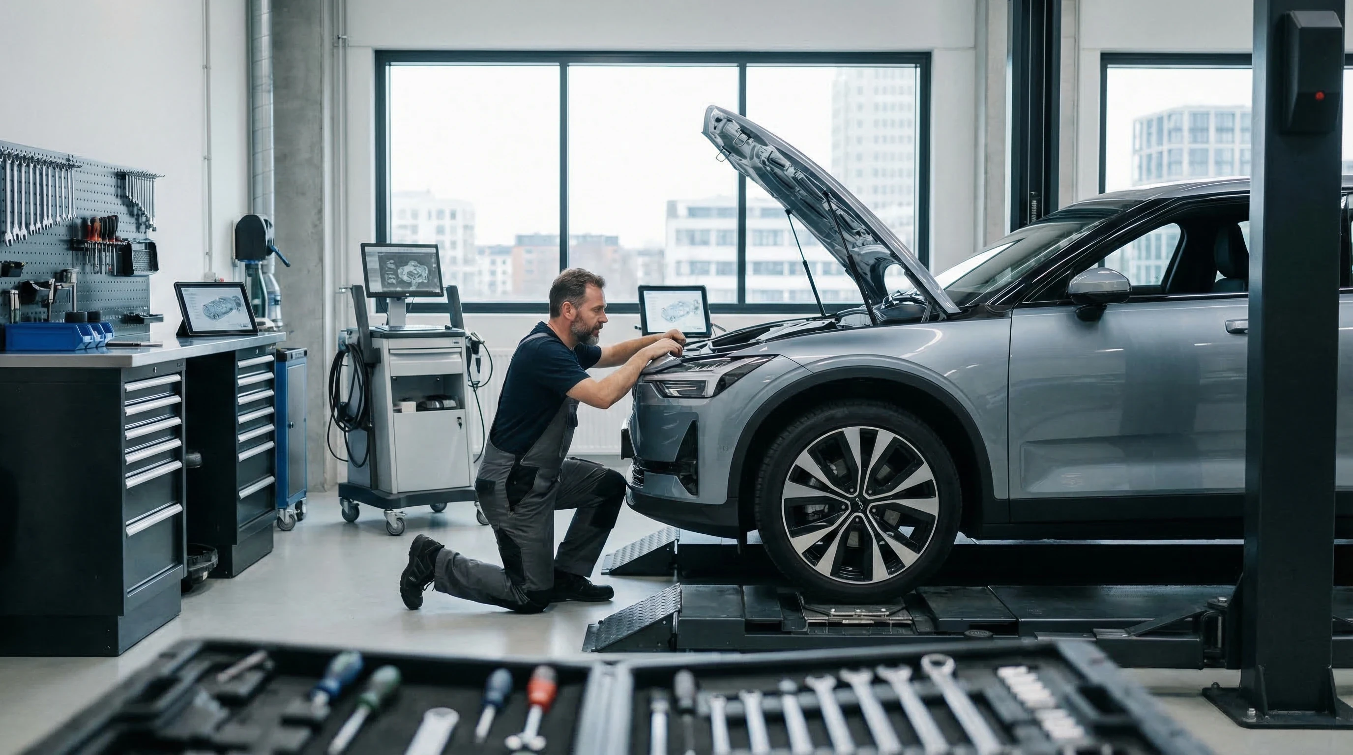 Kfz-Mechaniker bei der Wartung eines modernen Autos in einer Werkstatt mit Diagnosegeräten