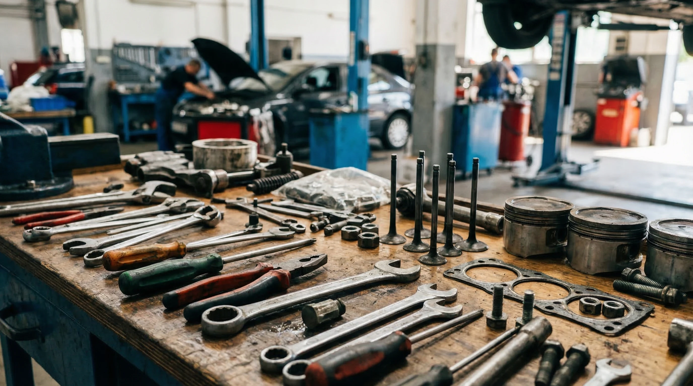 Werkzeug und Autoteile auf einer Werkbank in einer Autowerkstatt, unscharfe Mechaniker und Auto im Hintergrund