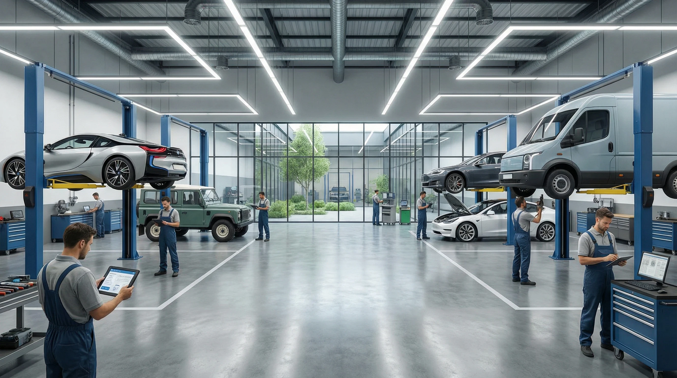 Moderne Autowerkstatt mit mehreren Autos auf Hebebühnen und Mechanikern bei der Arbeit