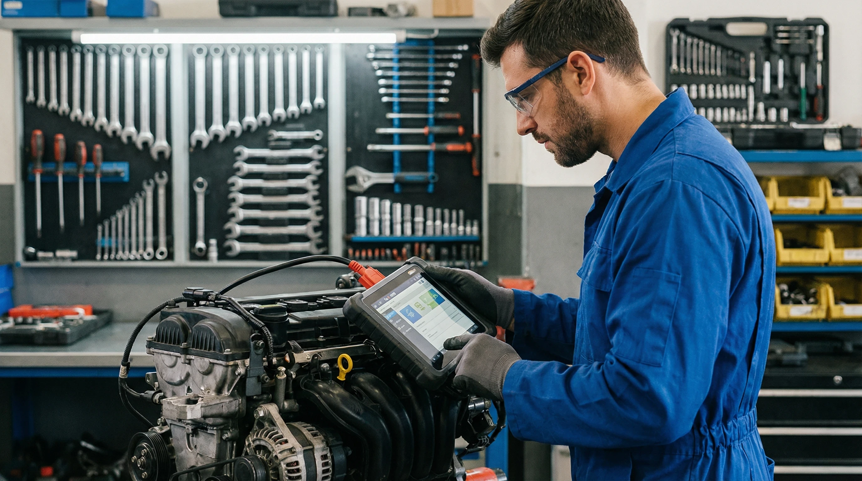 Kfz-Mechaniker bei der Motor-Diagnose mit Tablet in moderner Werkstatt