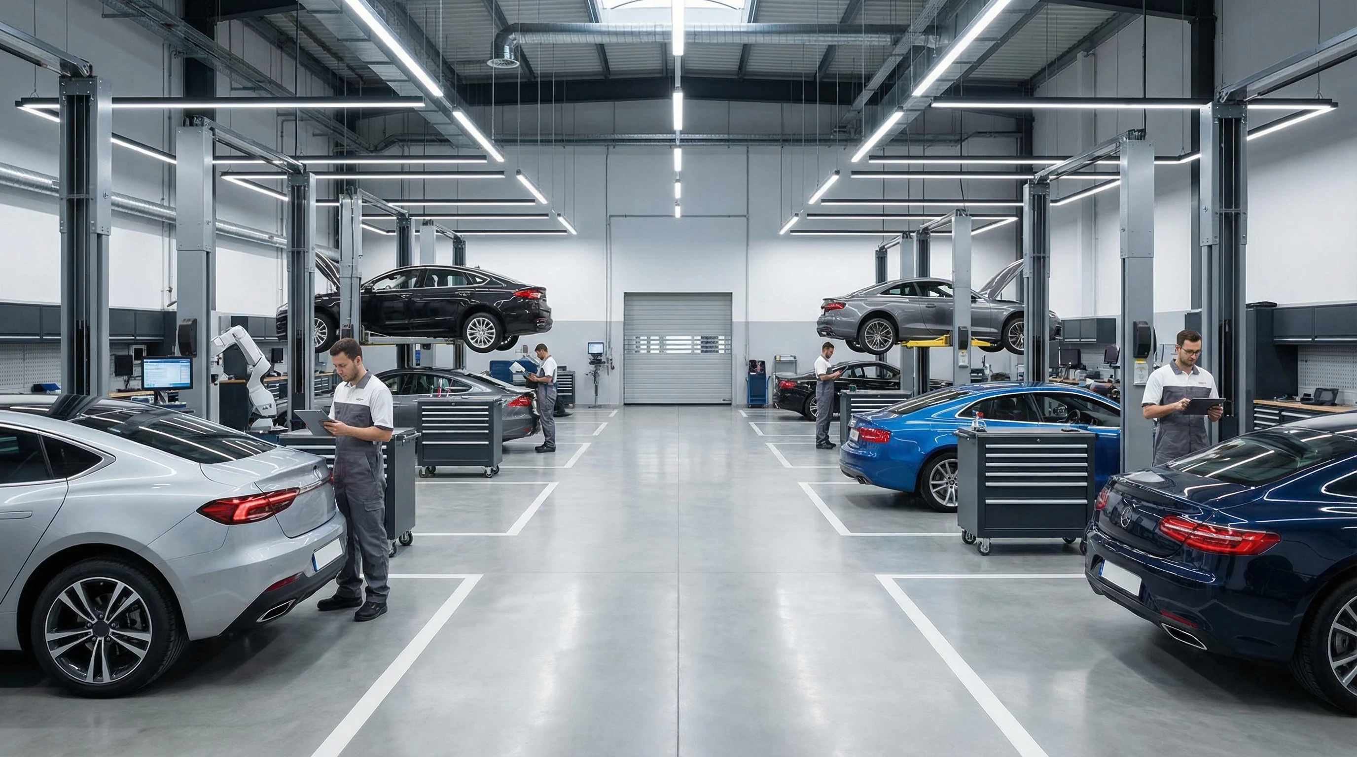 Moderne Autowerkstatt mit mehreren Autos auf Hebebühnen und Mechanikern bei der Arbeit