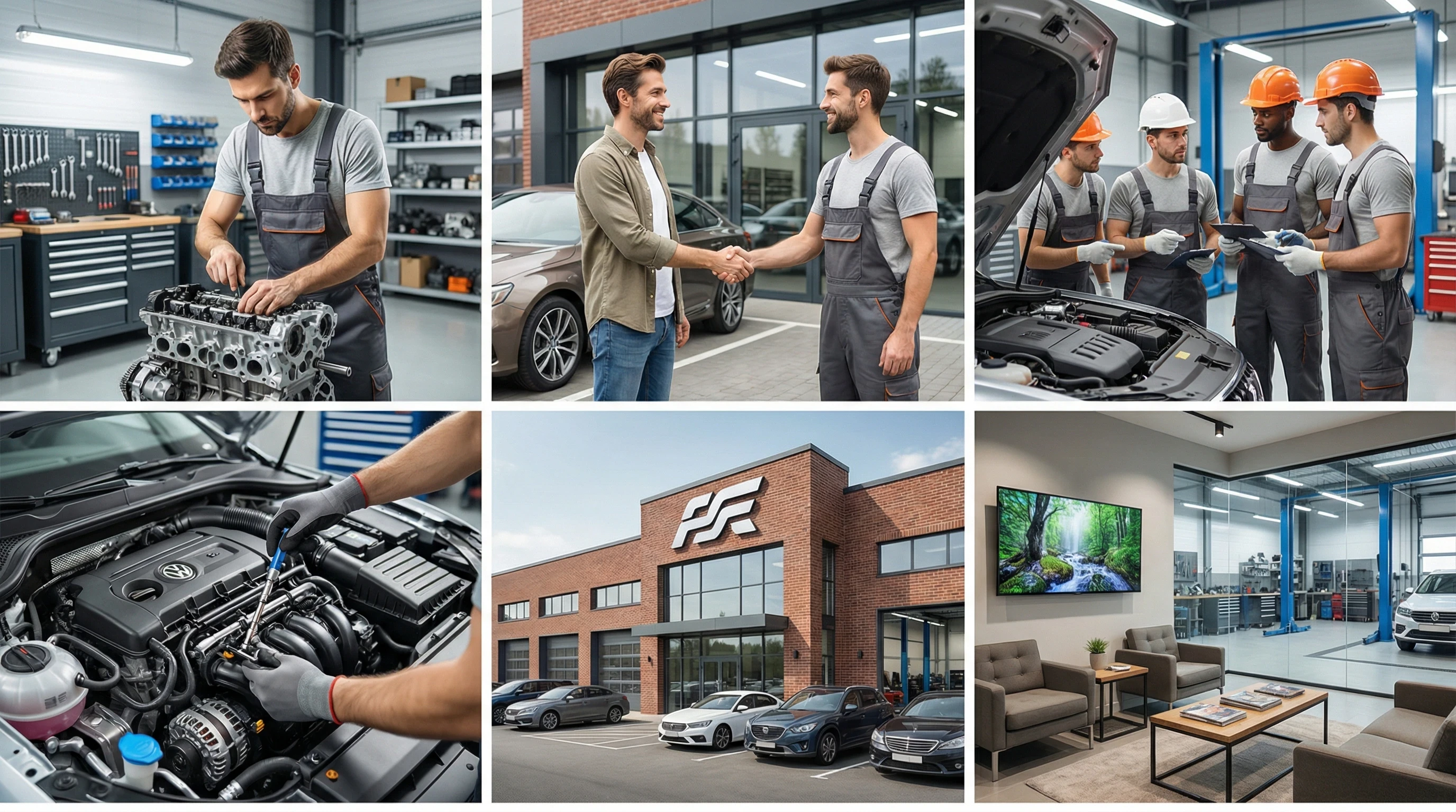 Collage von Bildern einer modernen Autowerkstatt mit Mechanikern, Kundenberatung, Fahrzeugreparatur, Außenansicht des Werkstattgebäudes und Wartebereich.