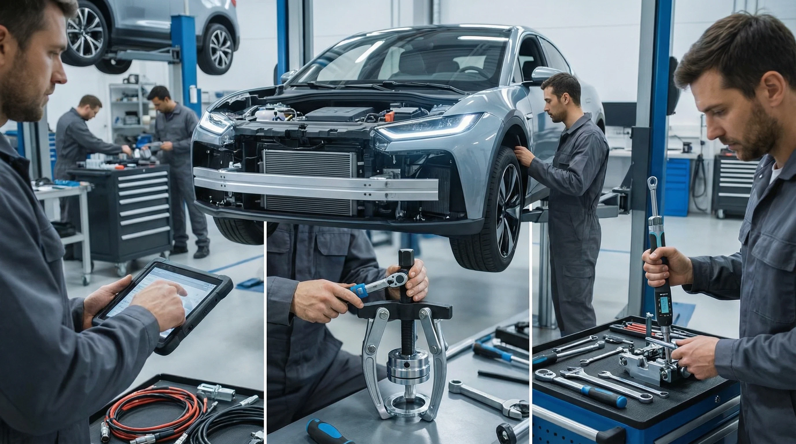 KFZ-Werkstatt mit Mechaniker bei der Reparatur eines modernen Autos und Einsatz von Spezialwerkzeugen