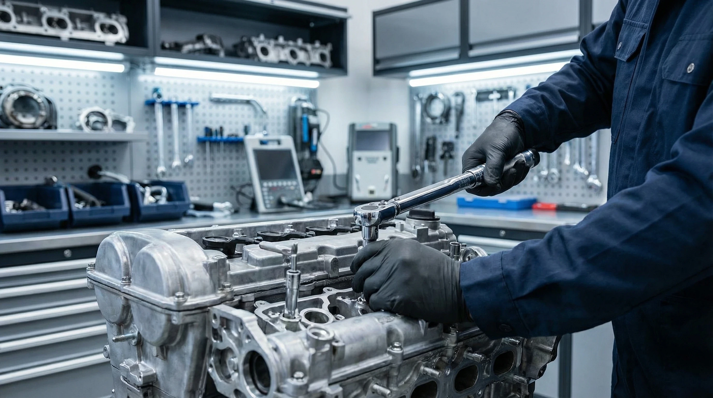 Mechaniker arbeitet mit Ratsche an einem Automotor in einer modernen Werkstatt